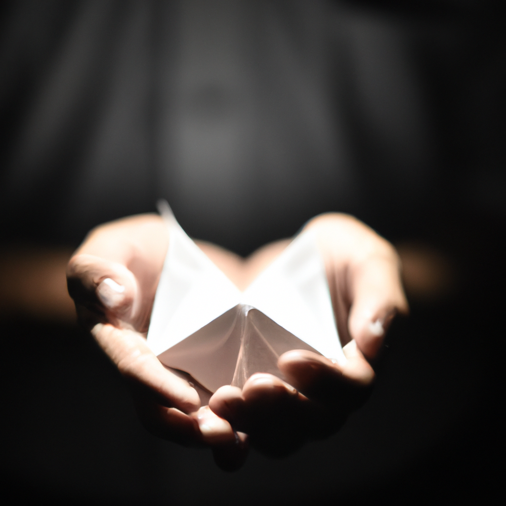 Main pliant une feuille de papier en origami sur fond minimaliste, lumière douce et contrastée